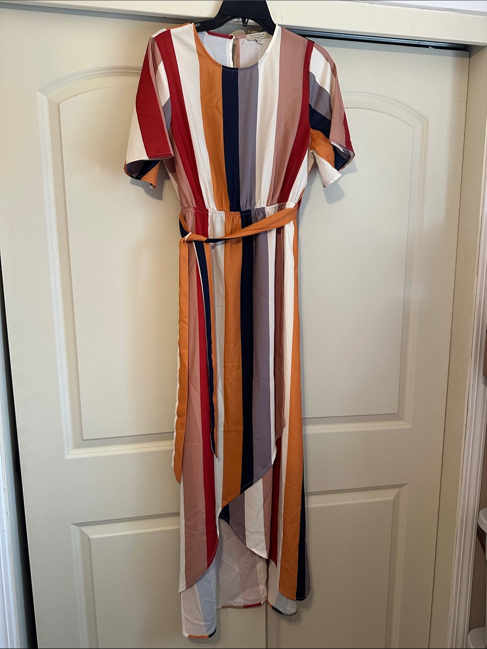 Polagram Striped High-Low Maxi Dress in Red, Orange, Navy & Cream